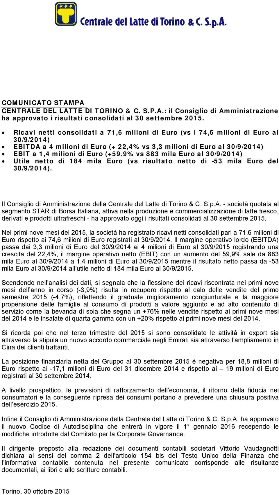 883 mila Euro al 30/9/2014) Utile netto di 184 mila Euro (vs risultato netto di -53 mila Euro del 30/9/2014). Il Consiglio di Am