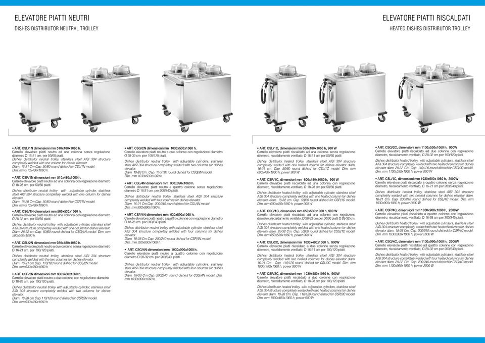 Dishes distributor neutral trolley, stainless steel AISI 304 structure completely welded with one column for dishes Diam. 16-21 Cm Cap. 50/60 round dished for CSL/1N model. Dim. mm 510x480x1060 h.