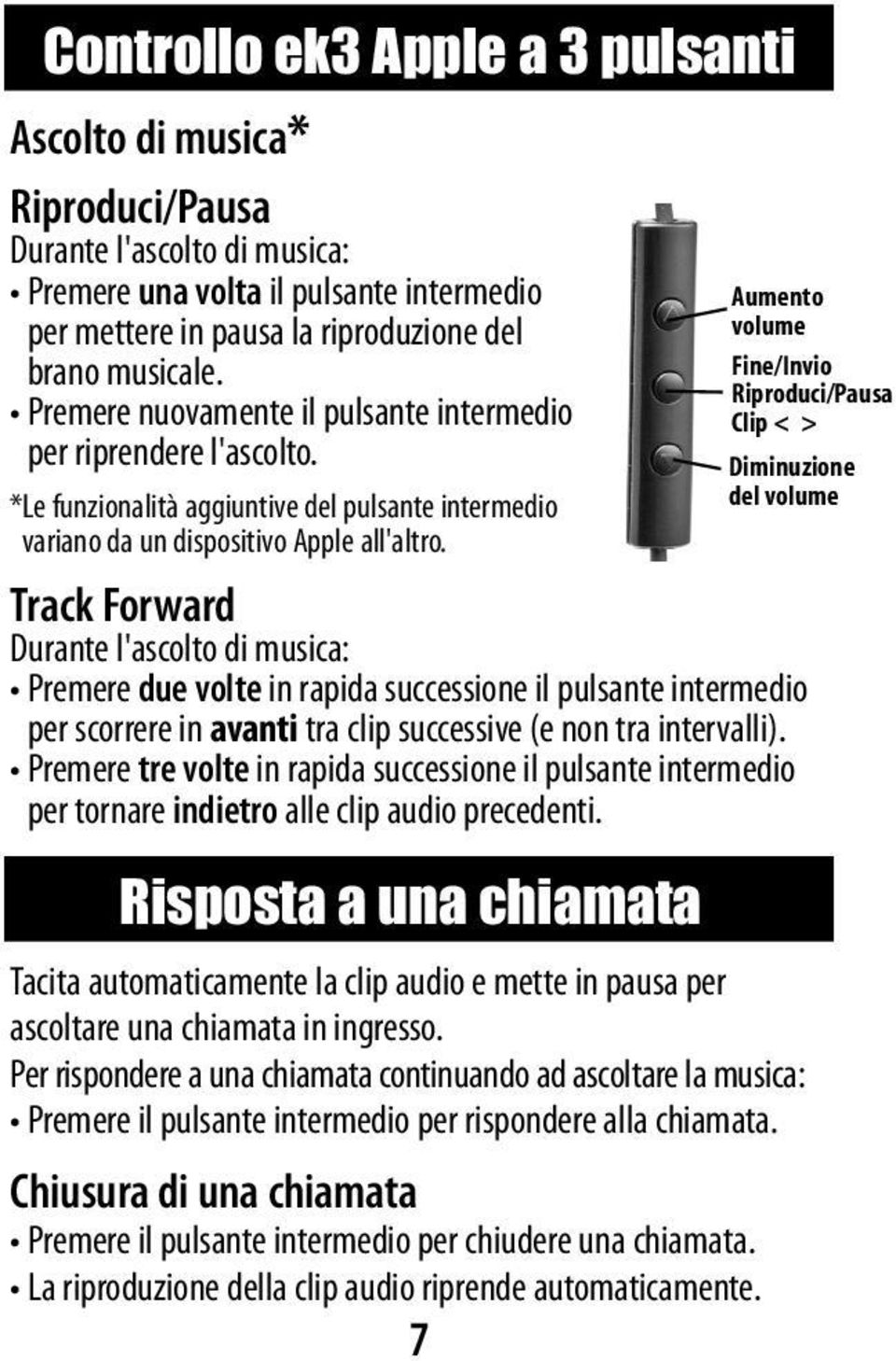 Chiusura di una chiamata Premere il pulsante intermedio per chiudere una chiamata. La riproduzione della clip audio riprende automaticamente.