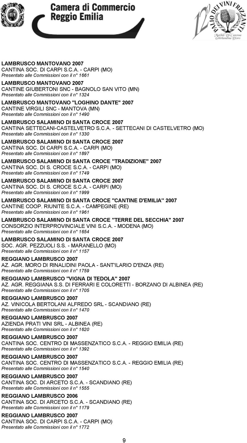 SETTECANI-CASTELVETRO S.C.A. - SETTECANI DI CASTELVETRO (MO) Presentato alle Commissioni con il n 1330 LAMBRUSCO SALAMINO DI SANTA CROCE 2007 CANTINA SOC. DI CARPI S.C.A. - CARPI (MO) Presentato alle Commissioni con il n 1897 LAMBRUSCO SALAMINO DI SANTA CROCE ''TRADIZIONE'' 2007 CANTINA SOC.