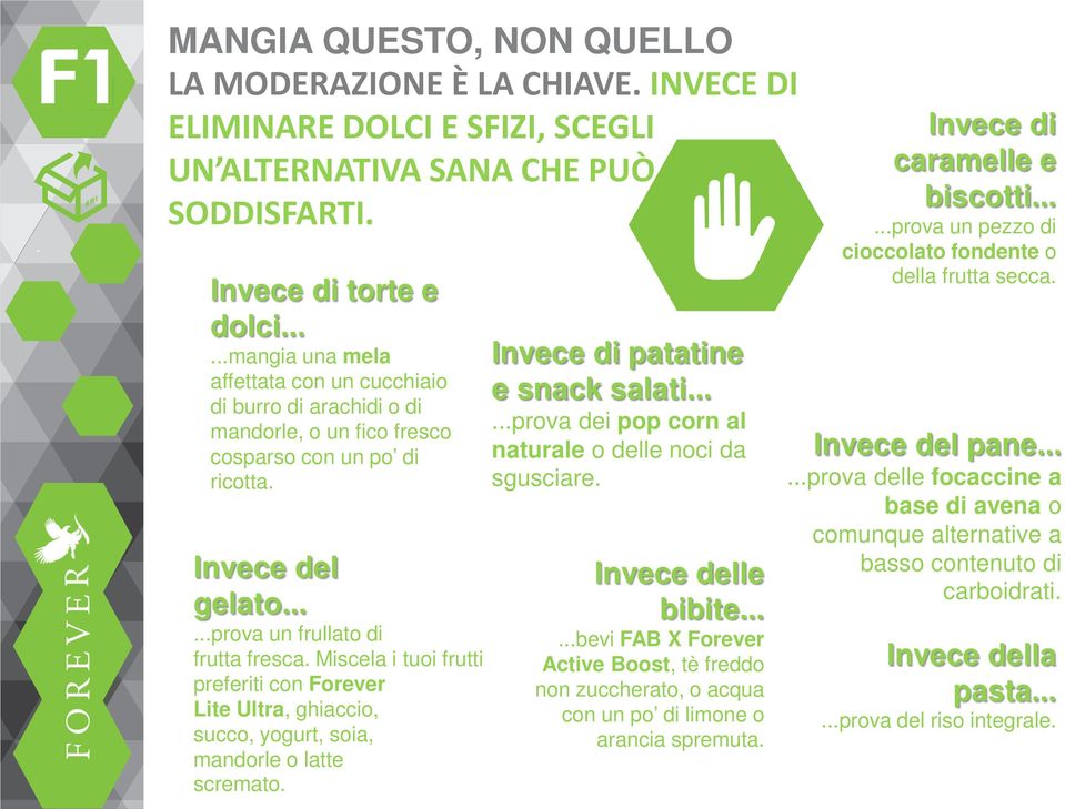 Miscela i tuoi frutti preferiti con Forever Lite Ultra, ghiaccio, succo, yogurt, soia, mandorle o latte scremato. Invece di patatine e snack salati.