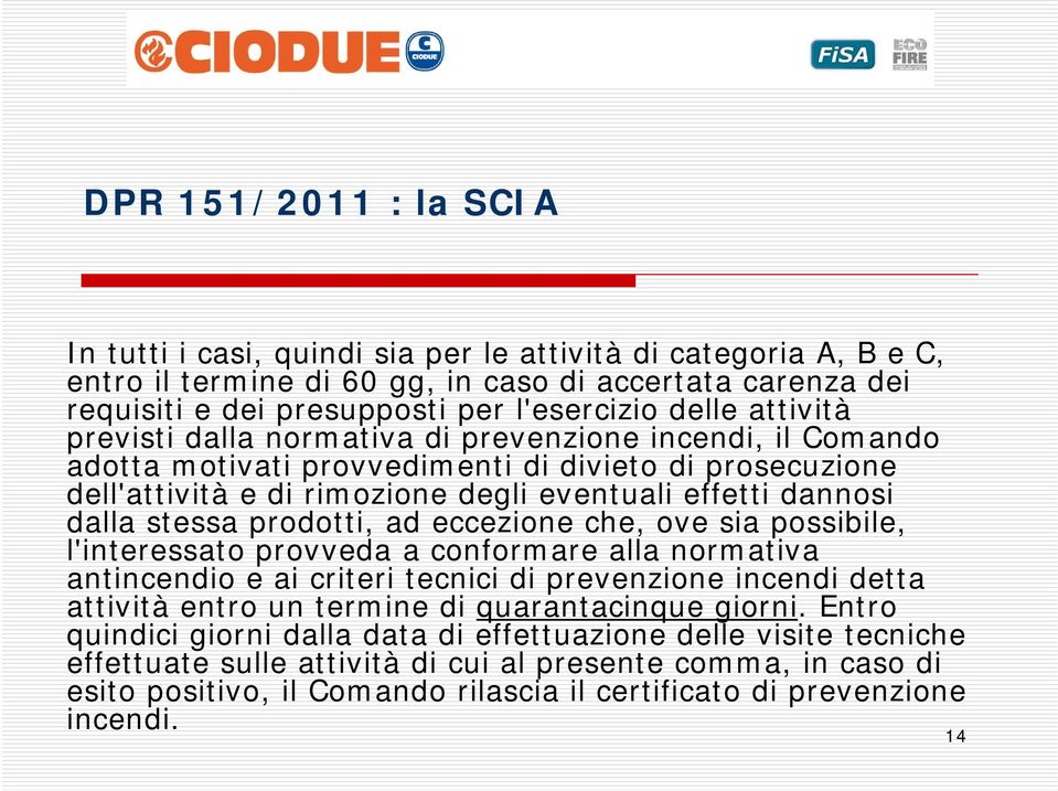 prodotti, ad eccezione che, ove sia possibile, l'interessato provveda a conformare alla normativa antincendio e ai criteri tecnici di prevenzione incendi detta attività entro un termine di