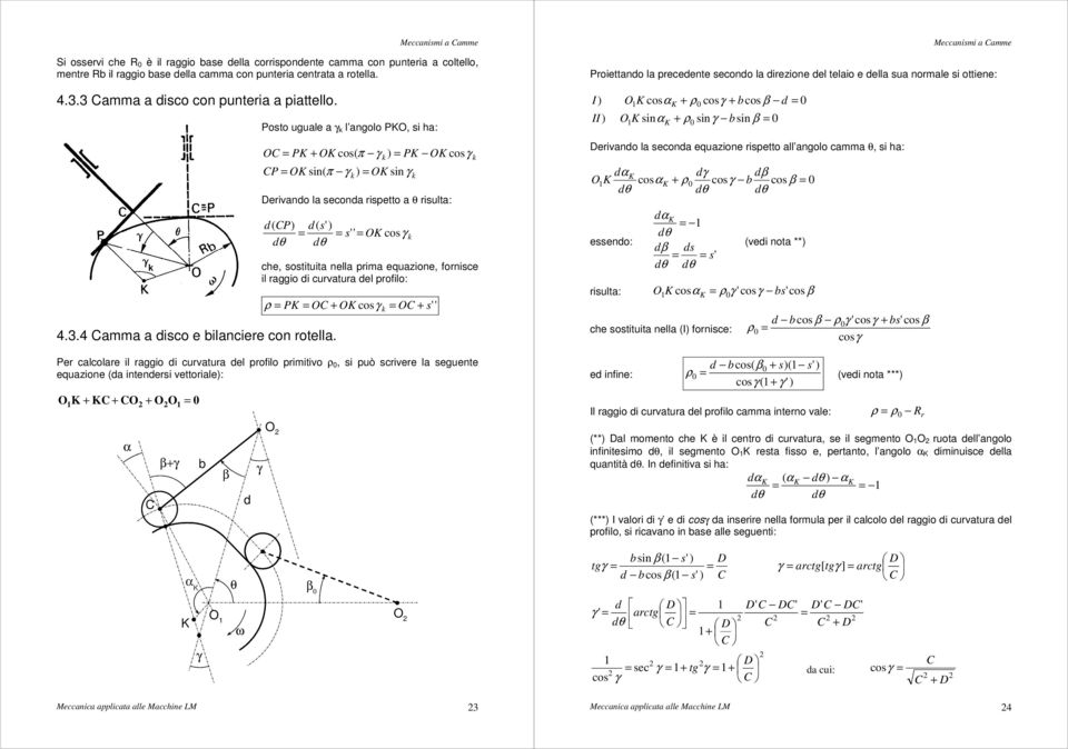 il aggio di cuvatua del poilo: ρ P OC + O cos k OC + s'' k k k Poiettando la pecedente secondo la diezione del telaio e della sua nomale si ottiene: I ) II ) O cosα + ρ cos + bcos β d O sinα + ρ sin