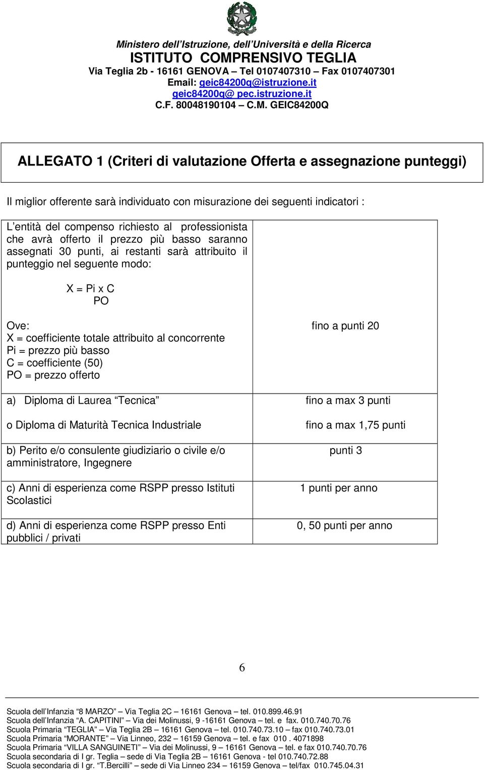 prezzo più basso C = coefficiente (50) PO = prezzo offerto a) Diploma di Laurea Tecnica o Diploma di Maturità Tecnica Industriale b) Perito e/o consulente giudiziario o civile e/o amministratore,