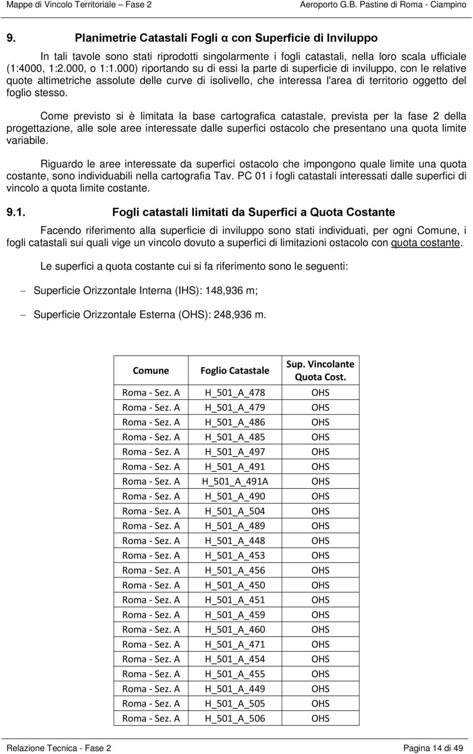 Come previsto si è limitata la base cartografica catastale, prevista per la fase 2 della progettazione, alle sole aree interessate dalle superfici ostacolo che presentano una quota limite variabile.