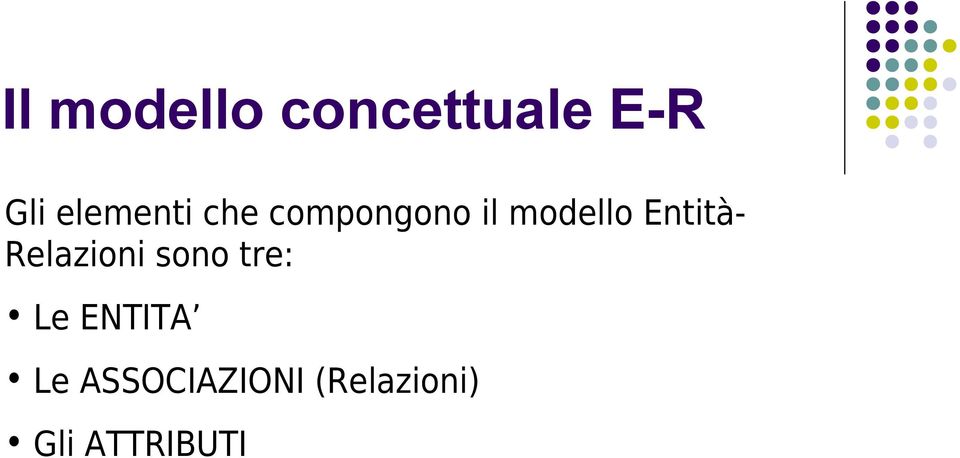 Entità- Relazioni sono tre: Le