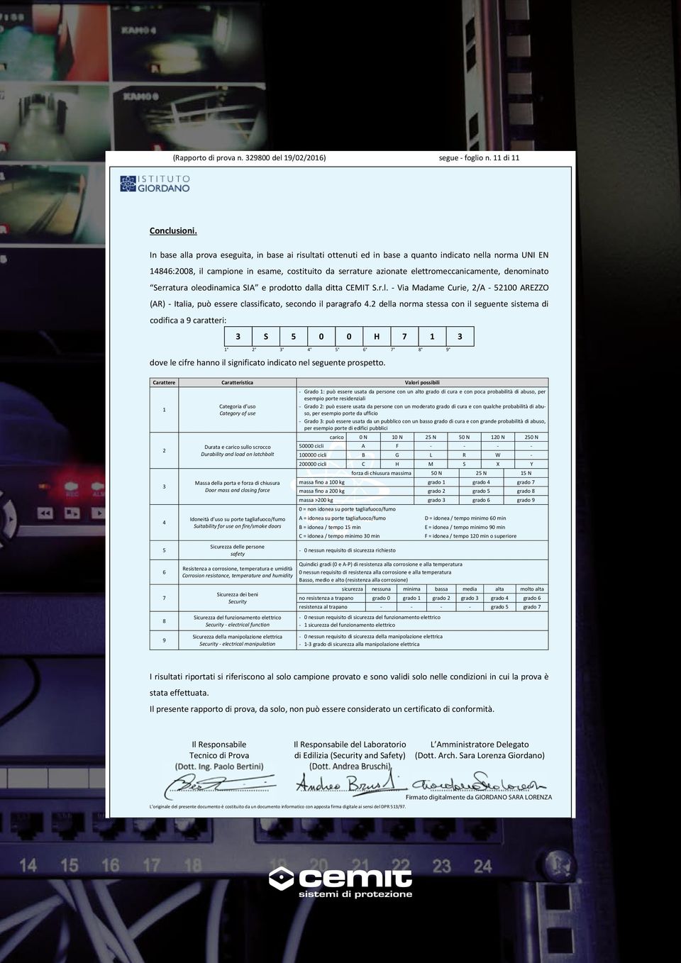 denominato Serratura oleodinamica SIA e prodotto dalla ditta CEMIT S.r.l. - Via Madame Curie, 2/A - 52100 AREZZO (AR) - Italia, può essere classificato, secondo il paragrafo 4.