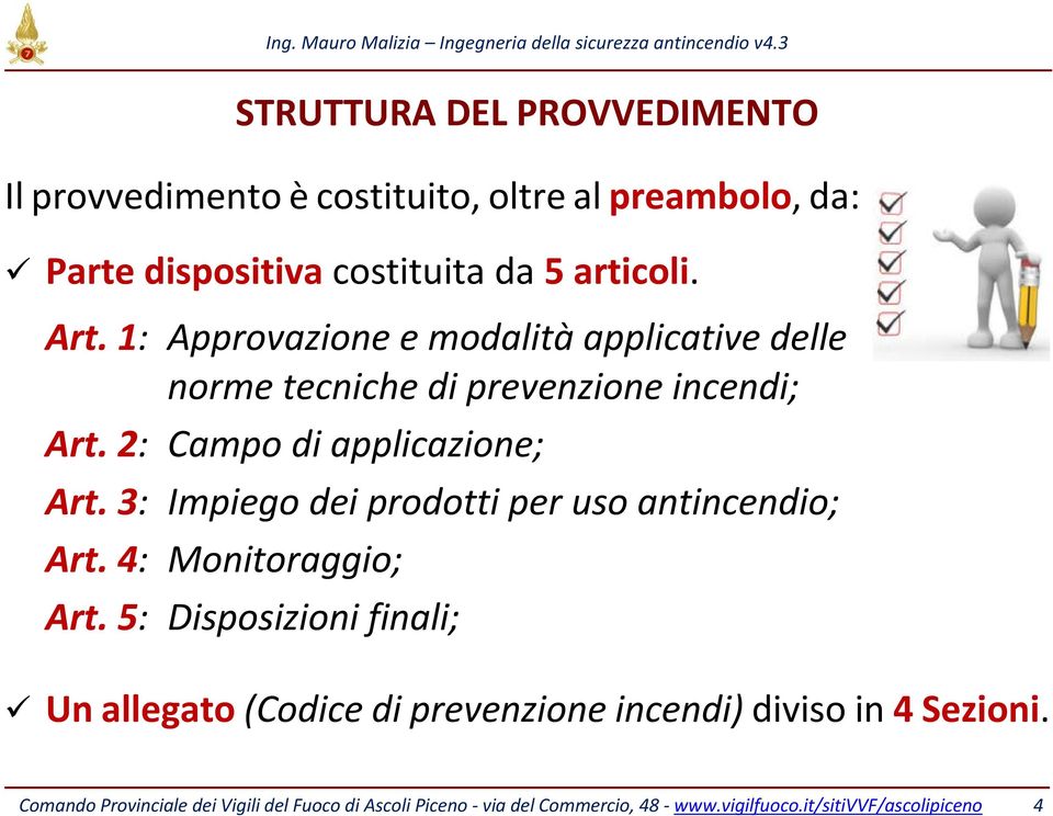 3: Impiego dei prodotti per uso antincendio; Art. 4: Monitoraggio; Art.