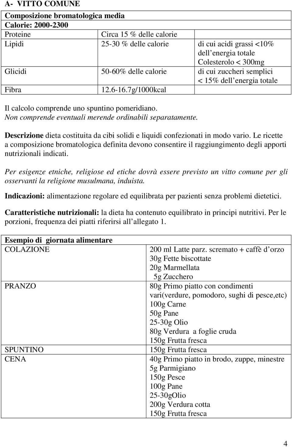 Descrizione dieta costituita da cibi solidi e liquidi confezionati in modo vario.