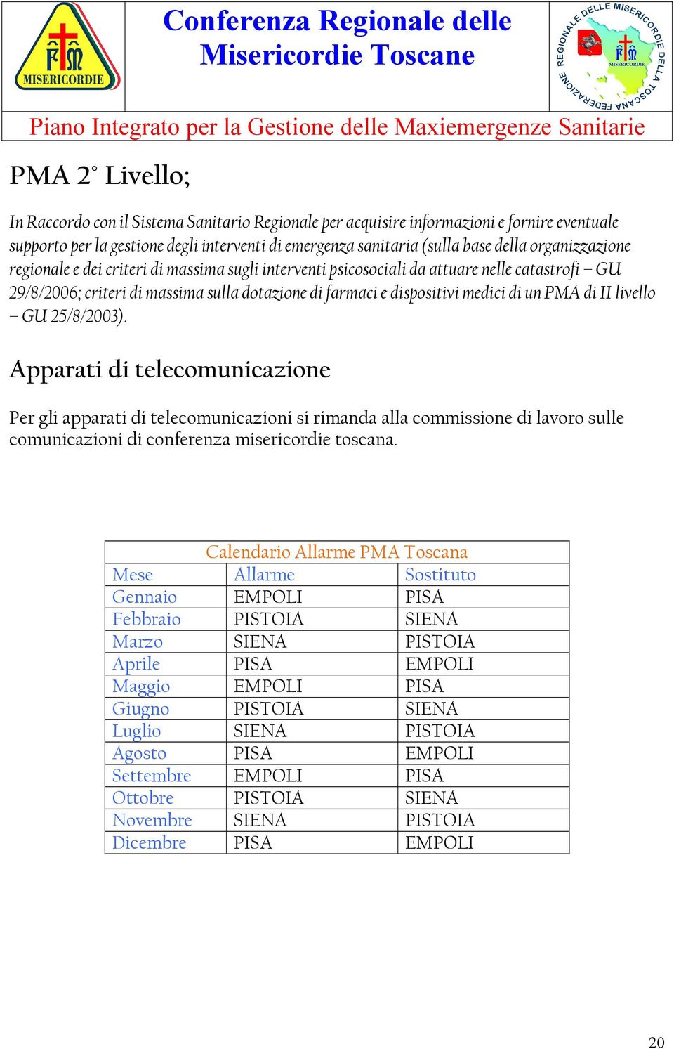 di II livello GU 25/8/2003). Apparati di telecomunicazione Per gli apparati di telecomunicazioni si rimanda alla commissione di lavoro sulle comunicazioni di conferenza misericordie toscana.