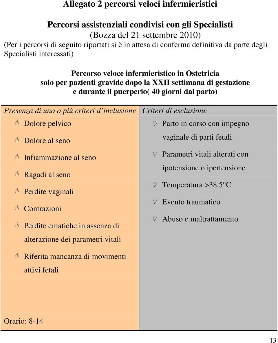 parto) Presenza di uno o più criteri d inclusione Dolore pelvico Dolore al seno Infiammazione al seno Ragadi al seno Perdite vaginali Contrazioni Perdite ematiche in assenza di alterazione dei