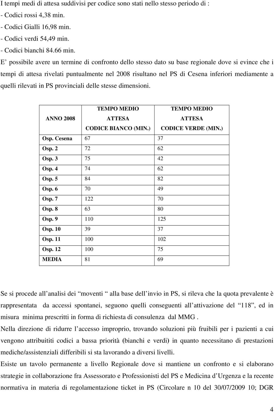 quelli rilevati in PS provinciali delle stesse dimensioni. ANNO 2008 TEMPO MEDIO ATTESA CODICE BIANCO (MIN.) TEMPO MEDIO ATTESA CODICE VERDE (MIN.) Osp. Cesena 67 37 Osp. 2 72 62 Osp. 3 75 42 Osp.