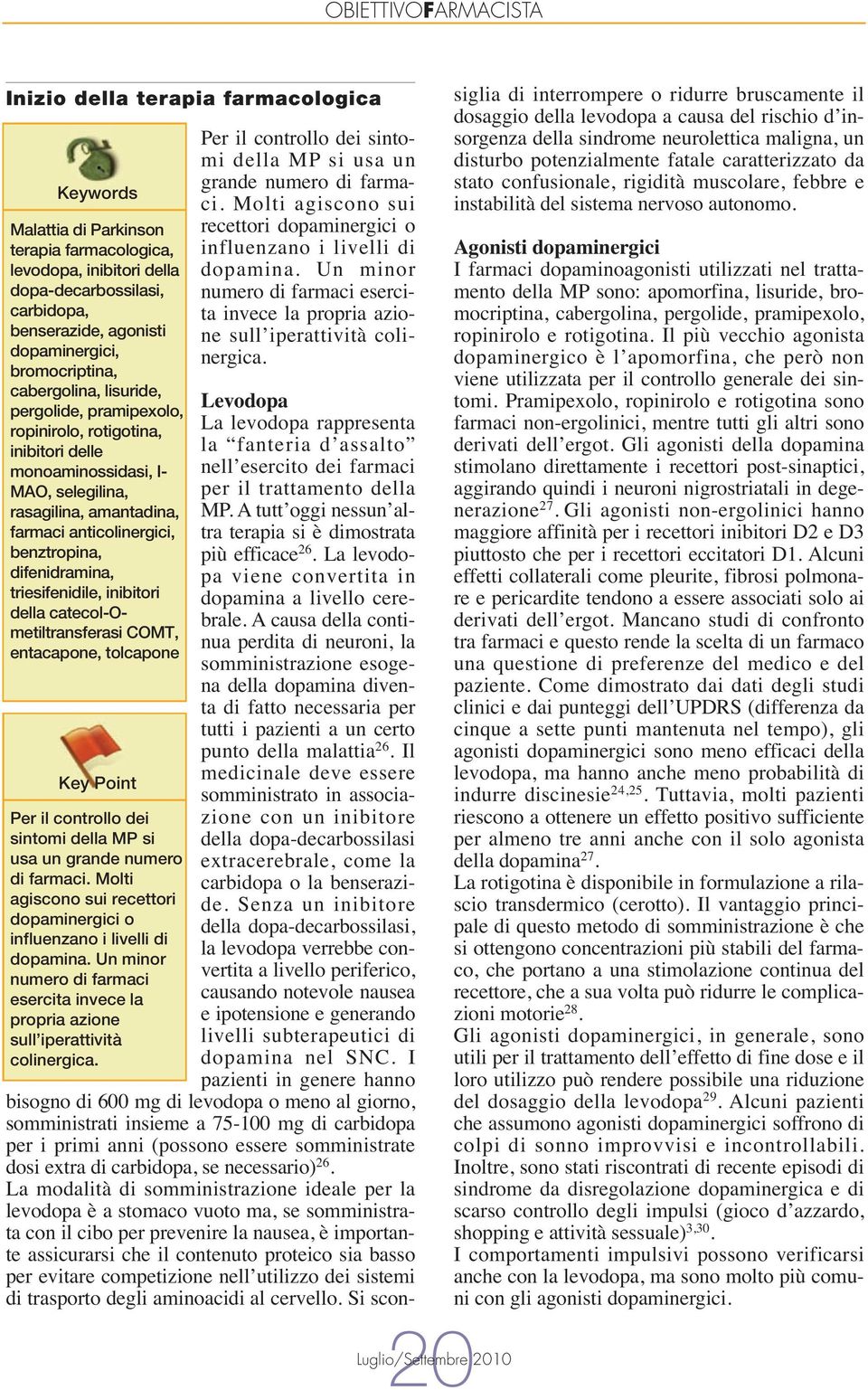 difenidramina, triesifenidile, inibitori della catecol-ometiltransferasi COMT, entacapone, tolcapone Key Point Per il controllo dei sintomi della MP si usa un grande numero di farmaci.