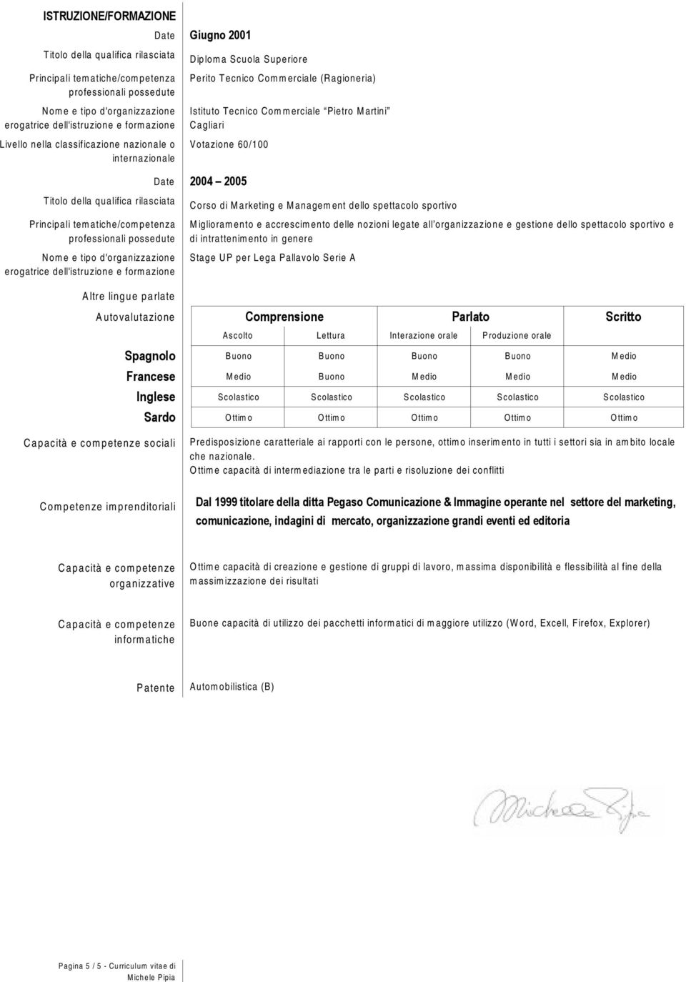 formazione Altre lingue parlate Giugno 2001 Diploma Scuola Superiore Perito Tecnico Commerciale (Ragioneria) Istituto Tecnico Commerciale Pietro Martini Cagliari Votazione 60/100 2004 2005 Corso di