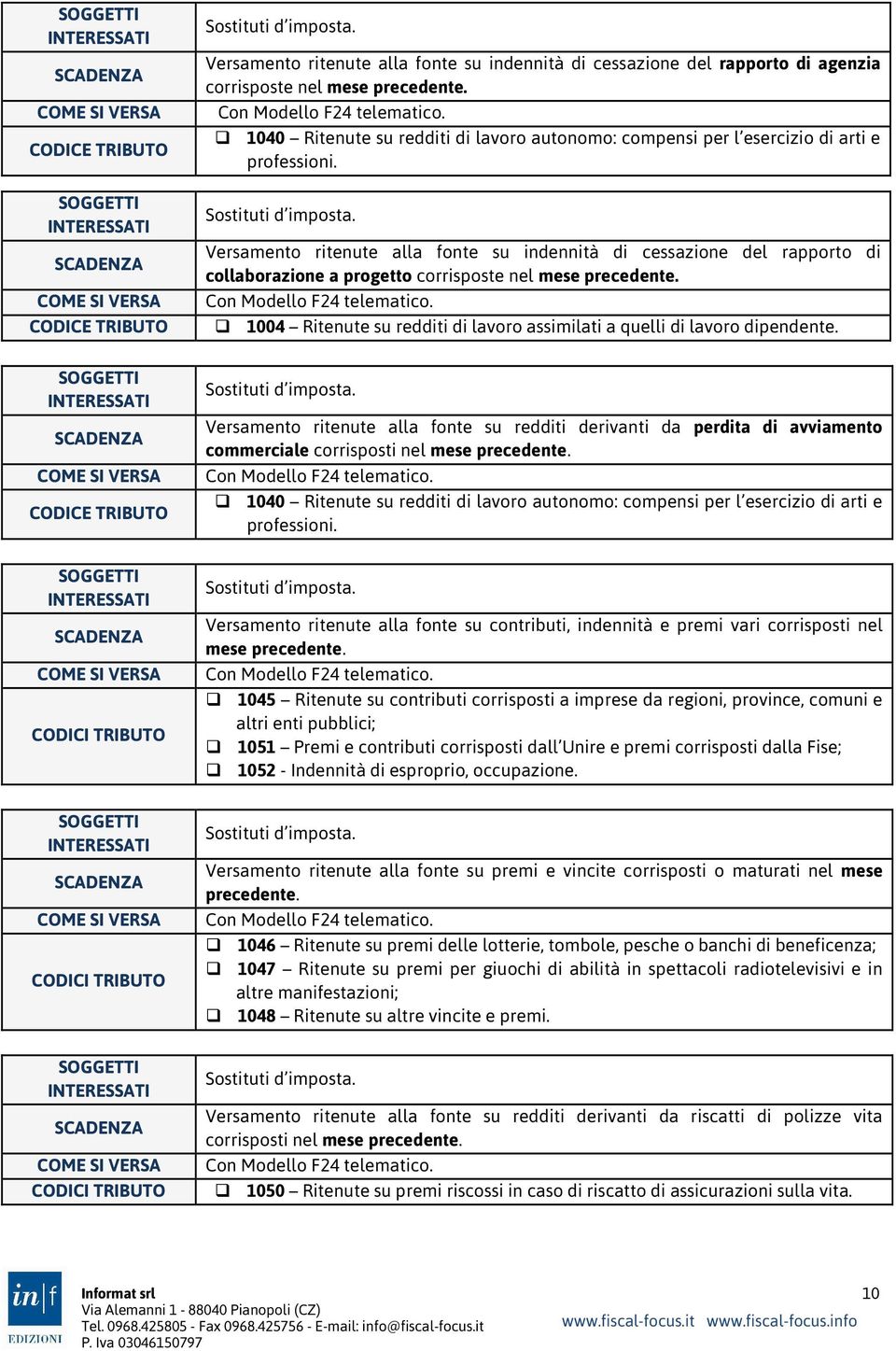 Versamento ritenute alla fonte su indennità di cessazione del rapporto di collaborazione a progetto corrisposte nel mese precedente.