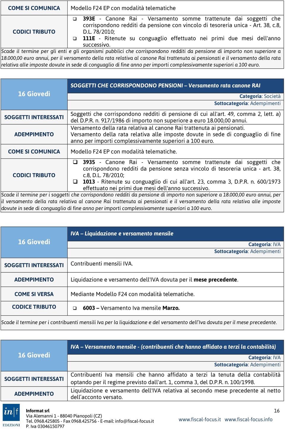 Scade il termine per gli enti e gli organismi pubblici che corrispondono redditi da pensione di importo non superiore a 18.