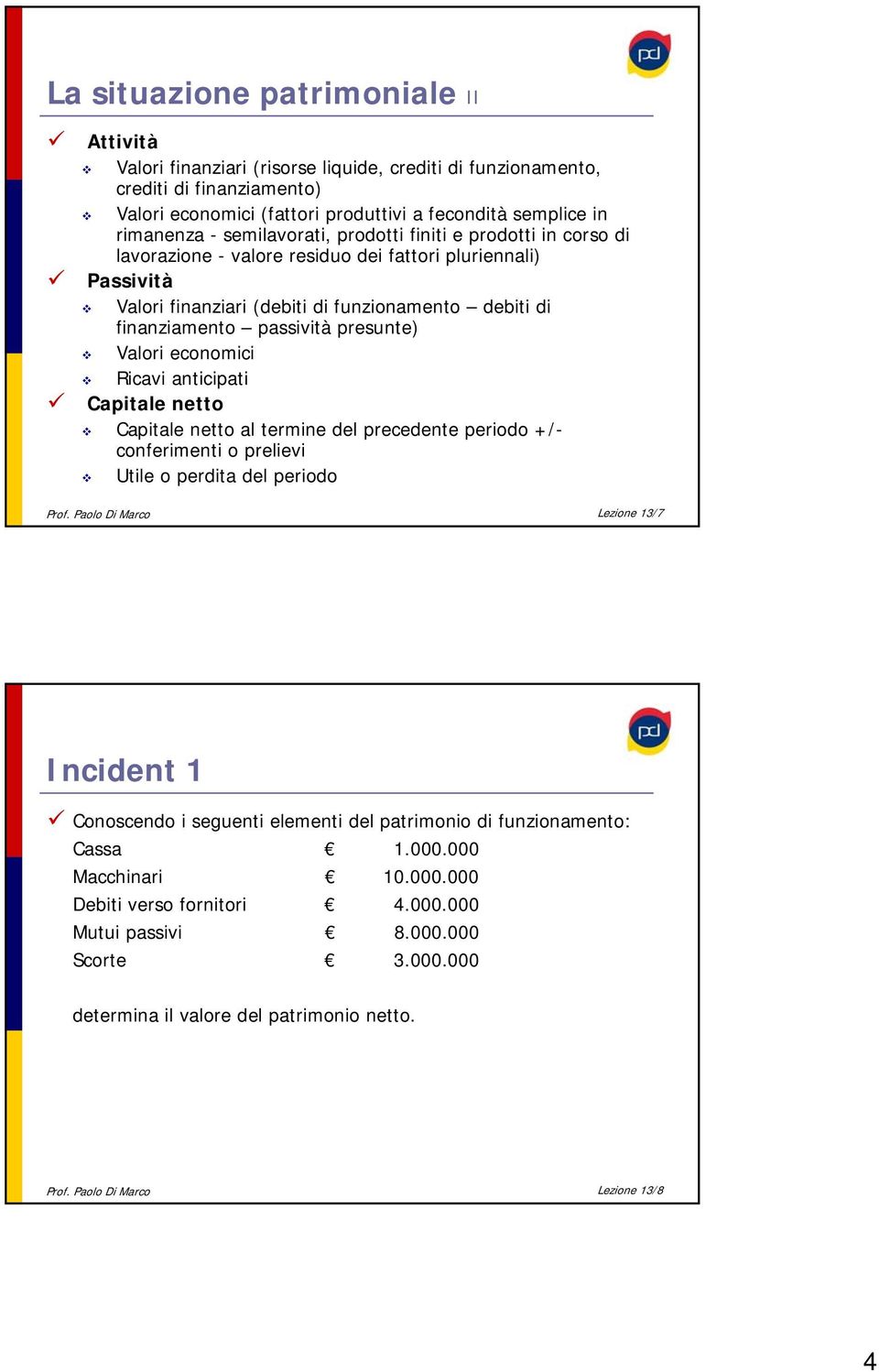 presunte) Valori economici Ricavi anticipati Capitale netto Capitale netto al termine del precedente periodo +/- conferimenti o prelievi Utile o perdita del periodo Prof.