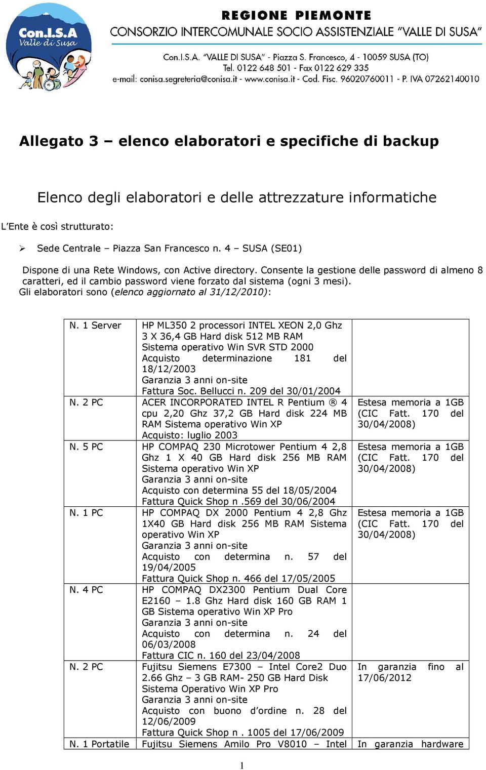 Gli elaboratori sono (elenco aggiornato al 31/12/2010): Server HP ML350 2 processori INTEL XEON 2,0 Ghz 3 X 36,4 GB Hard disk 512 MB RAM Sistema operativo Win SVR STD 2000 Acquisto determinazione 181