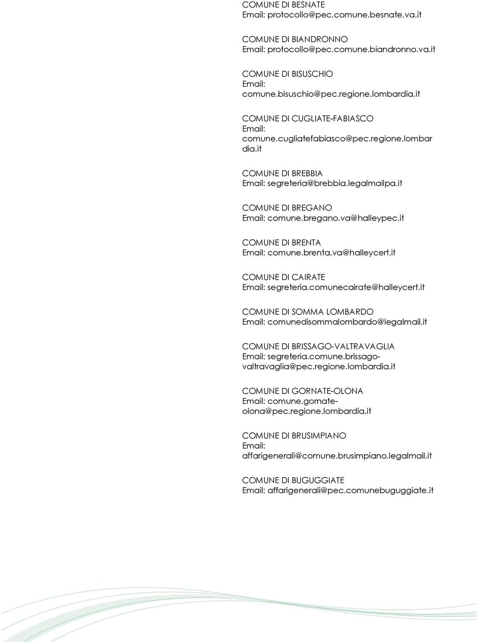 it COMUNE DI BRENTA comune.brenta.va@halleycert.it COMUNE DI CAIRATE segreteria.comunecairate@halleycert.it COMUNE DI SOMMA LOMBARDO comunedisommalombardo@legalmail.