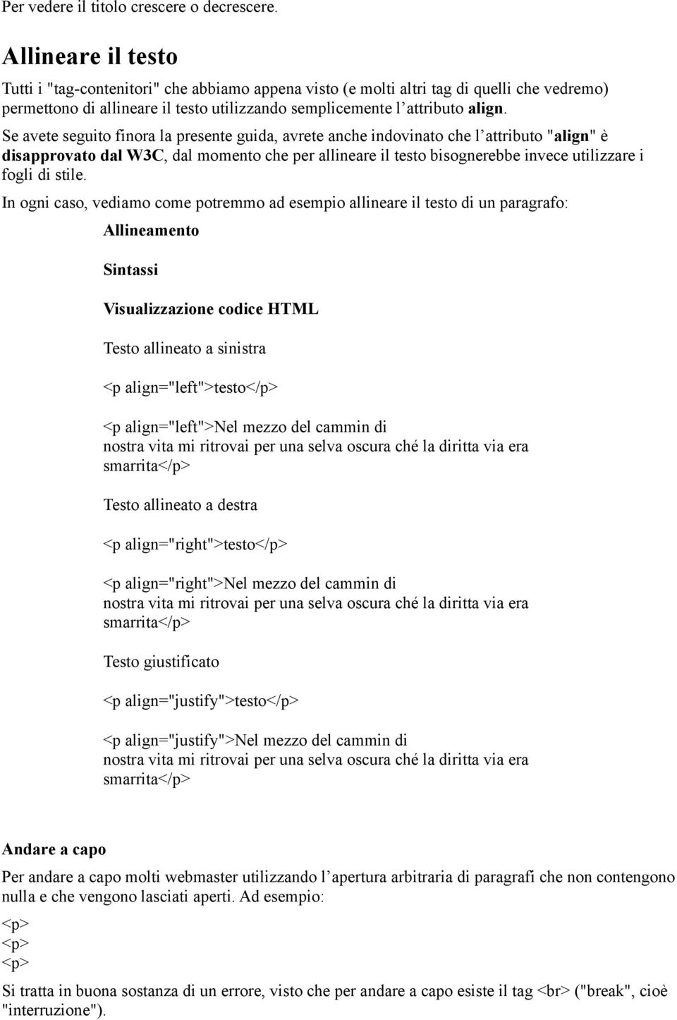 Se avete seguito finora la presente guida, avrete anche indovinato che l attributo "align" è disapprovato dal W3C, dal momento che per allineare il testo bisognerebbe invece utilizzare i fogli di