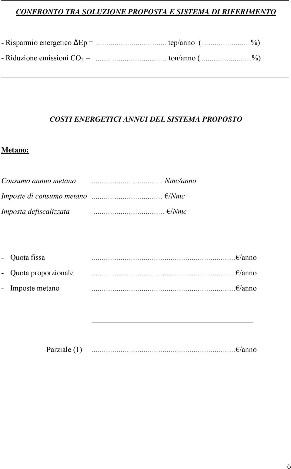 ..%) COSTI ENERGETICI ANNUI DEL SISTEMA PROPOSTO Metano: Consumo annuo metano.