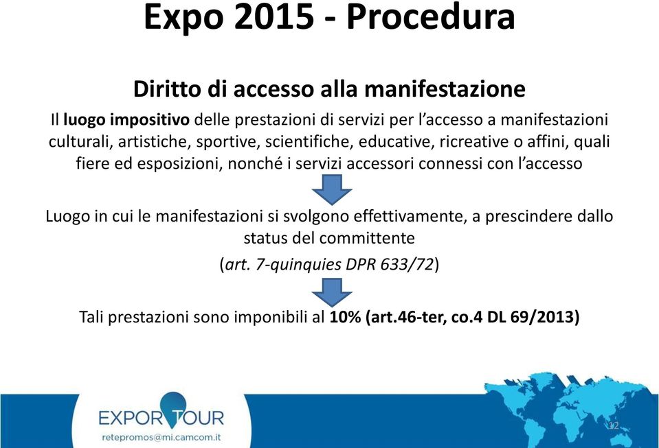 nonché i servizi accessori connessi con l accesso Luogo in cui le manifestazioni si svolgono effettivamente, a prescindere