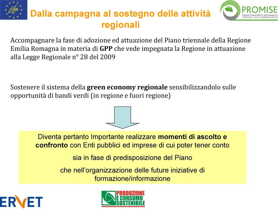 sensibilizzandolo sulle opportunità di bandi verdi (in regione e fuori regione) Diventa pertanto Importante realizzare momenti di ascolto e confronto con