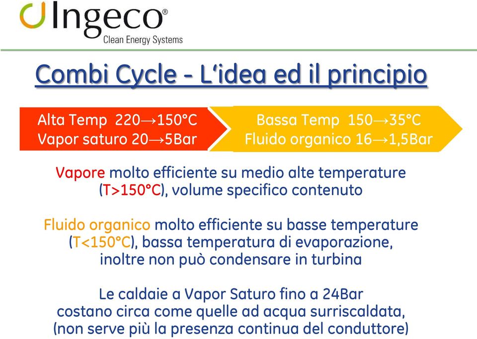 efficiente su basse temperature (T<150 C), bassa temperatura di evaporazione, inoltre non può condensare in turbina Le