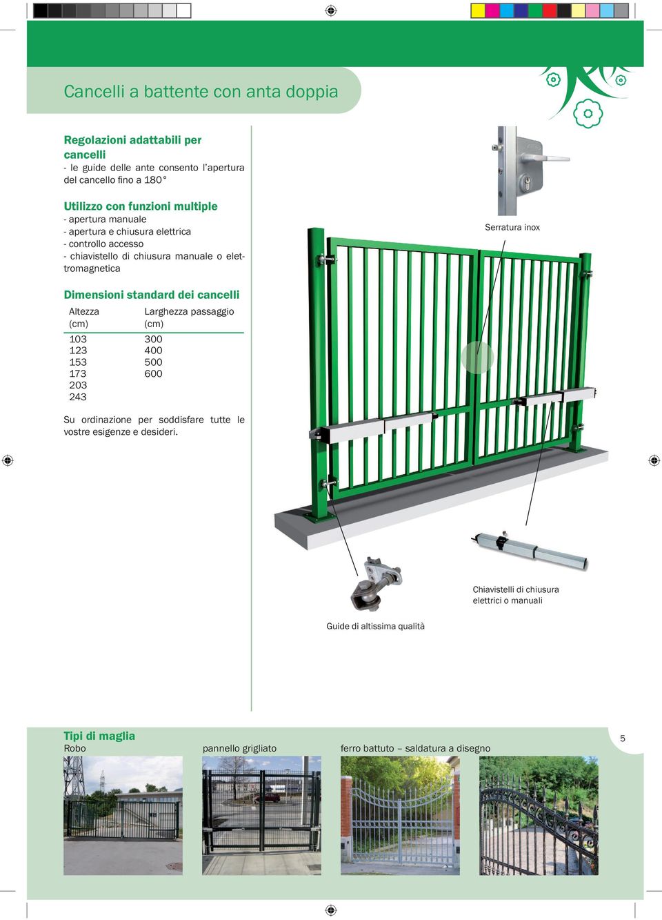 standard dei cancelli Altezza (cm) 103 300 123 400 153 500 173 600 203 243 Larghezza passaggio (cm) Su ordinazione per soddisfare tutte le vostre