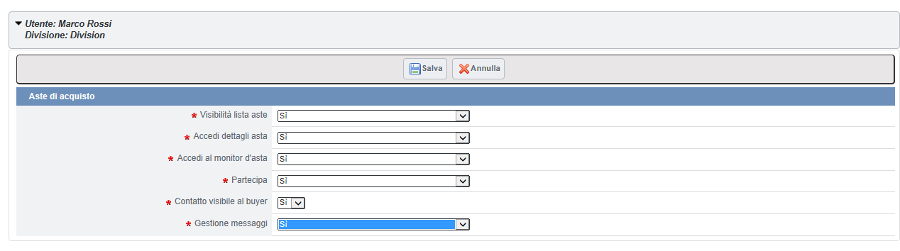 Assegnazione diritti sulle Aste di acquisto I diritti relativi alle aste di acquisto sono i seguenti: Visibilità lista aste : conferisce o meno la visibilità sulle aste; Accedi dettagli asta :