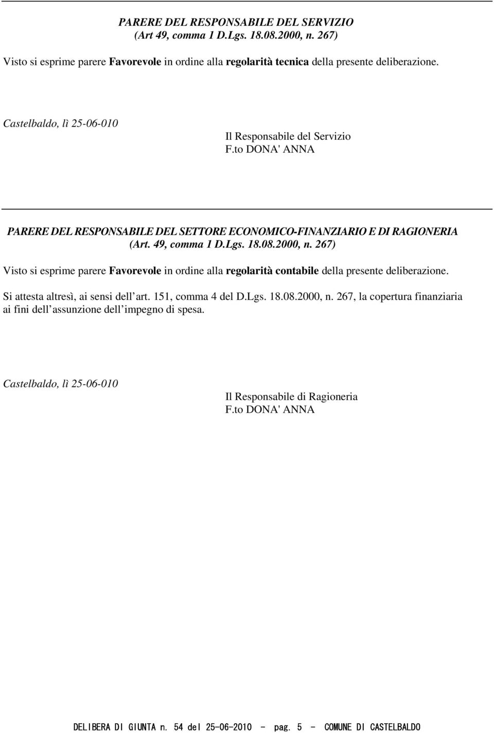 to DONA' ANNA PARERE DEL RESPONSABILE DEL SETTORE ECONOMICO-FINANZIARIO E DI RAGIONERIA (Art. 49, comma 1 D.Lgs. 18.08.2000, n.