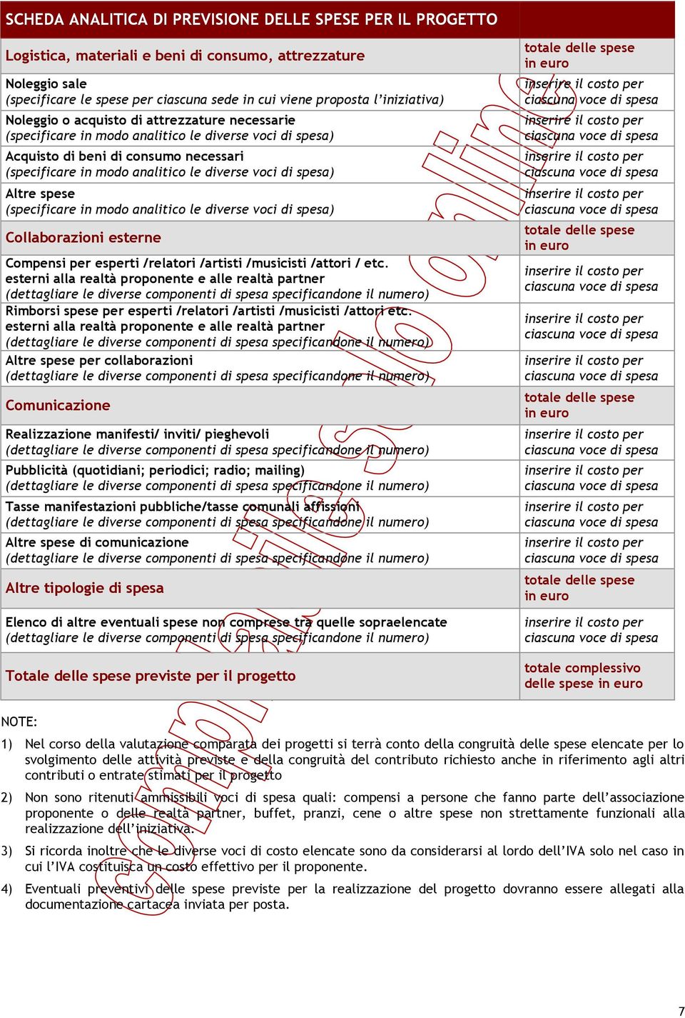 voci di spesa) Altre spese (specificare in modo analitico le diverse voci di spesa) Collaborazioni esterne Compensi per esperti /relatori /artisti /musicisti /attori / etc.