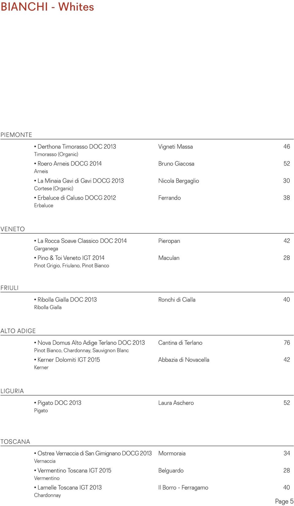 FRIULI Ribolla Gialla DOC 2013 Ronchi di Cialla 40 Ribolla Gialla ALTO ADIGE Nova Domus Alto Adige Terlano DOC 2013 Cantina di Terlano 76 Pinot Bianco, Chardonnay, Sauvignon Blanc Kerner Dolomiti IGT