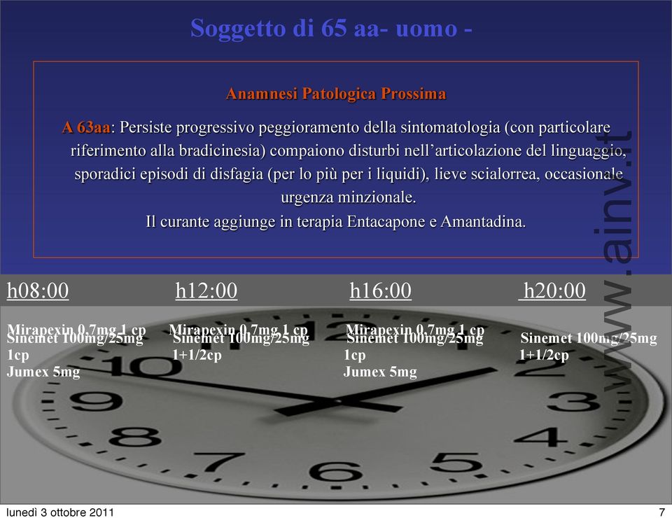 occasionale urgenza minzionale. Il curante aggiunge in terapia Entacapone e Amantadina.