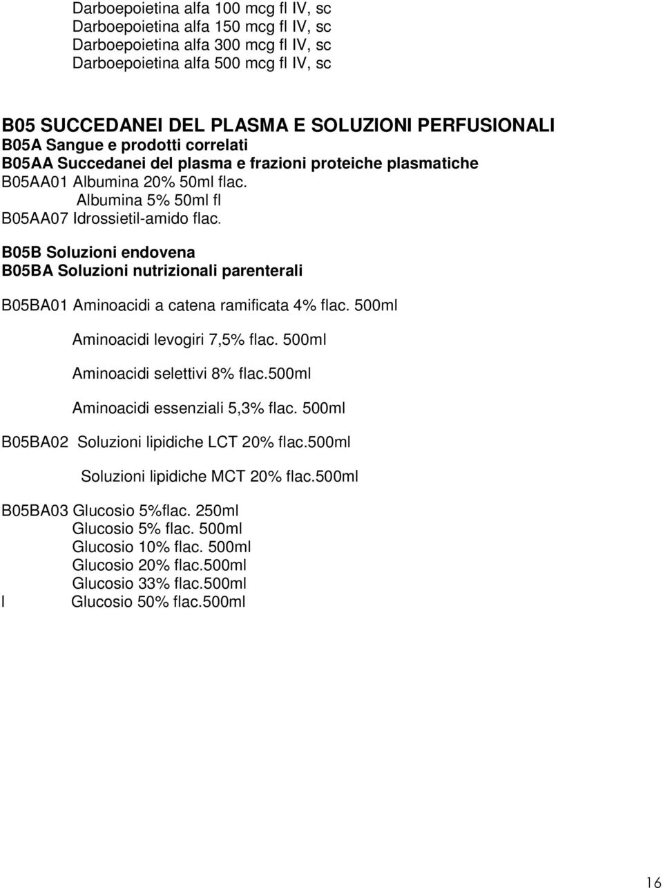 B05B Soluzioni endovena B05BA Soluzioni nutrizionali parenterali B05BA01 Aminoacidi a catena ramificata 4% flac. 500ml Aminoacidi levogiri 7,5% flac. 500ml Aminoacidi selettivi 8% flac.