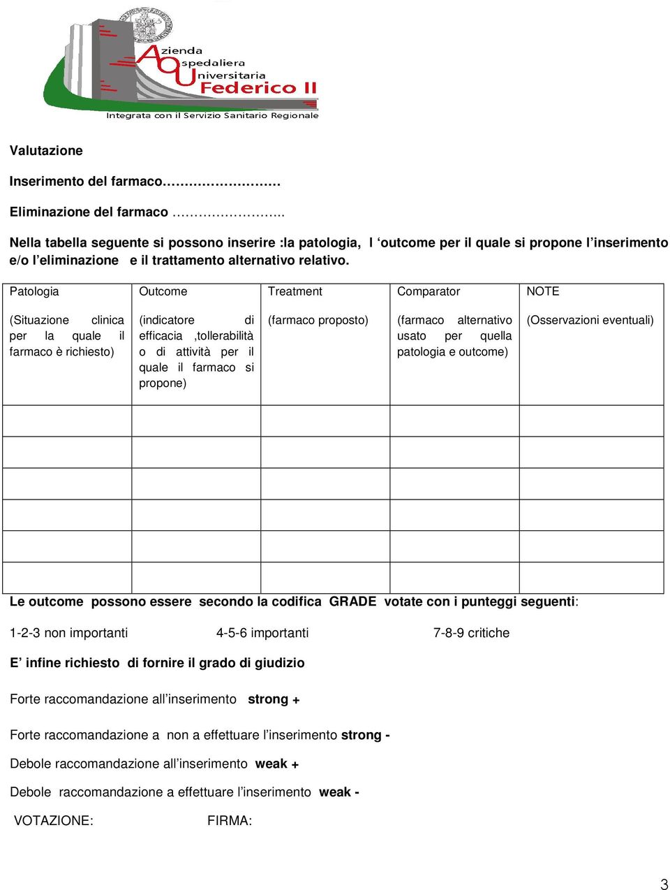 Patologia Outcome Treatment Comparator NOTE (Situazione clinica per la quale il farmaco è richiesto) (indicatore di efficacia,tollerabilità o di attività per il quale il farmaco si propone) (farmaco