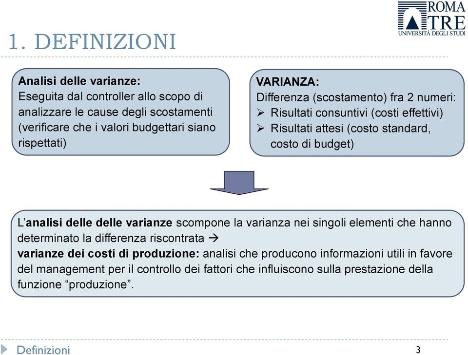 analisi delle delle varianze scompone la varianza nei singoli elementi che hanno determinato la differenza riscontrata varianze dei costi di produzione: