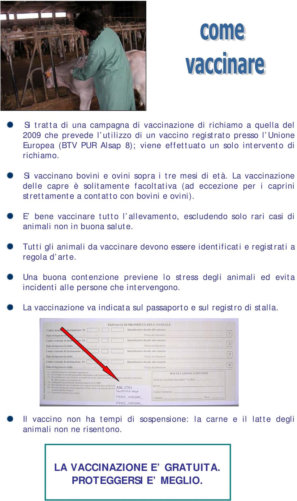 E bene vaccinare tutto l allevamento, escludendo solo rari casi di animali non in buona salute. Tutti gli animali da vaccinare devono essere identificati e registrati a regola d arte.