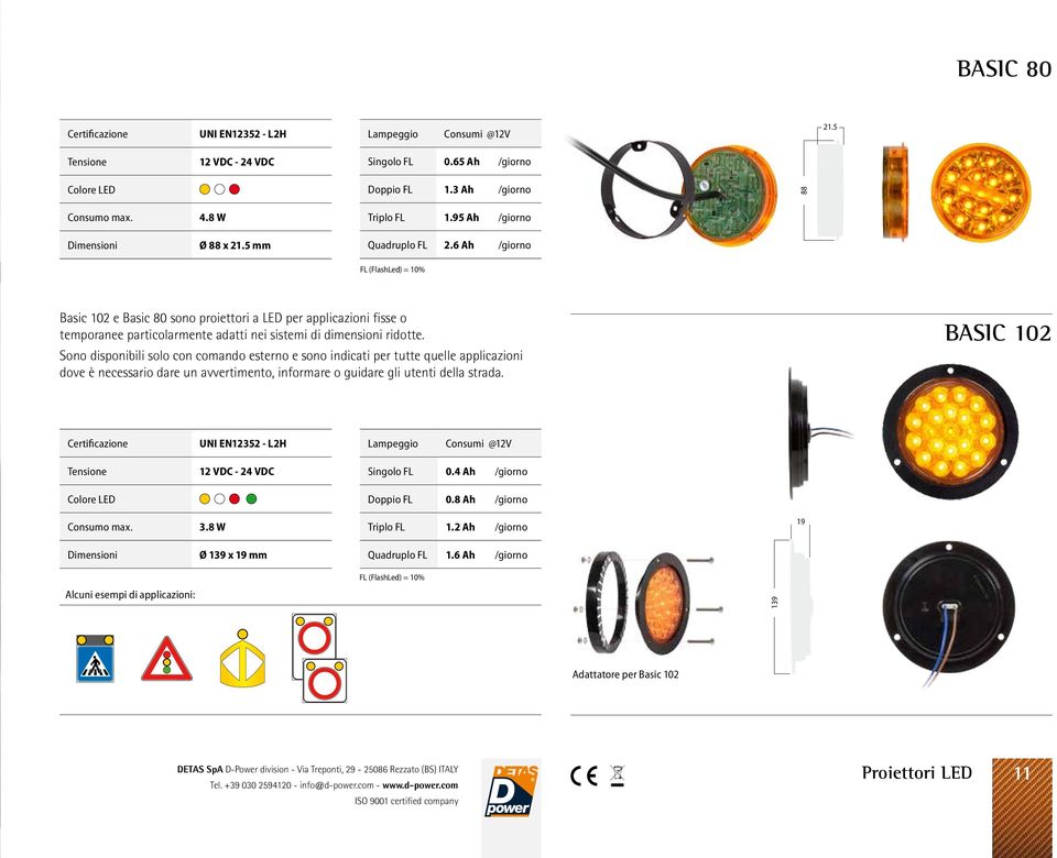 6 Ah /giorno FL (FlashLed) = 10% Basic 102 e Basic 80 sono proiettori a LED per applicazioni fisse o temporanee particolarmente adatti nei sistemi di dimensioni ridotte.