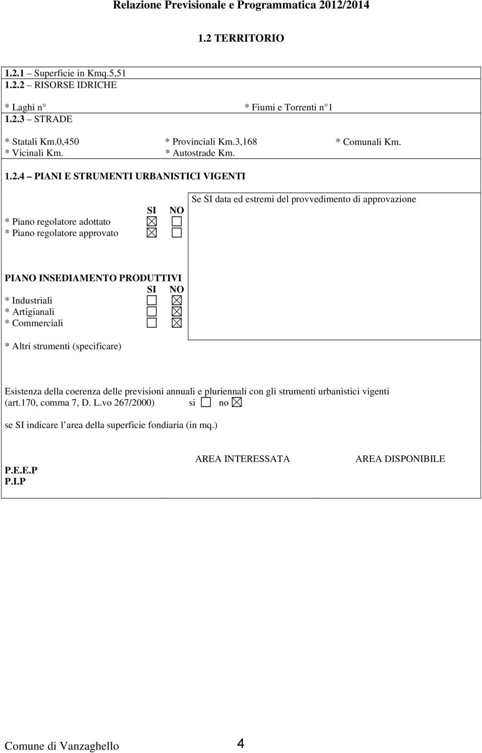 4 PIANI E STRUMENTI URBANISTICI VIGENTI * Piano regolatore adottato * Piano regolatore approvato SI NO Se SI data ed estremi del provvedimento di approvazione PIANO INSEDIAMENTO