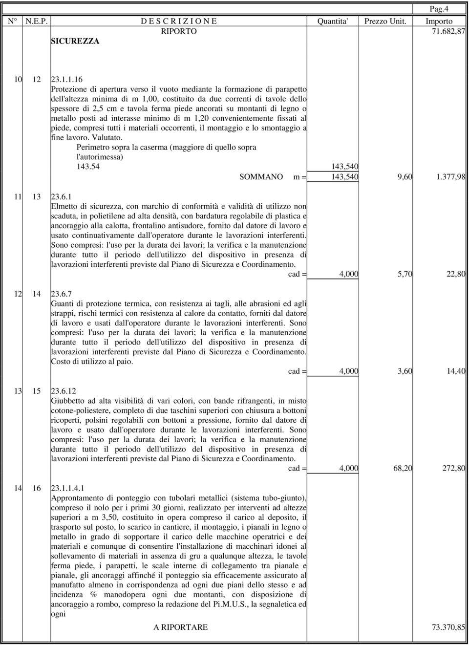 12 23.1.1.16 Protezione di apertura verso il vuoto mediante la formazione di parapetto dell'altezza minima di m 1,00, costituito da due correnti di tavole dello spessore di 2,5 cm e tavola ferma