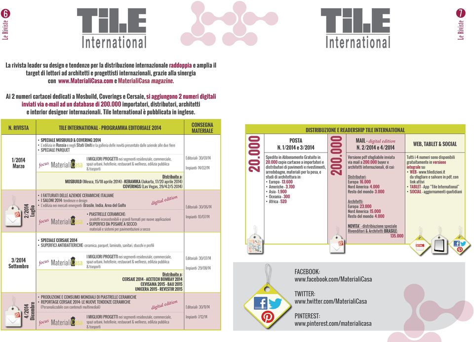 RIVISTA tile international - Programma editoriale 2014 CONSEGNA MATERIALE DISTRIBUZIONE e readership TILE international 1/2014 Marzo 2/2014 Luglio Le Riviste SPECIALE MOSBUILD & COVERING 2014 L