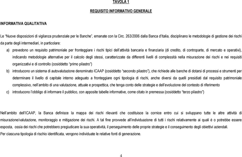 dell attività bancaria e finanziaria (di credito, di controparte, di mercato e operativi), indicando metodologie alternative per il calcolo degli stessi, caratterizzate da differenti livelli di