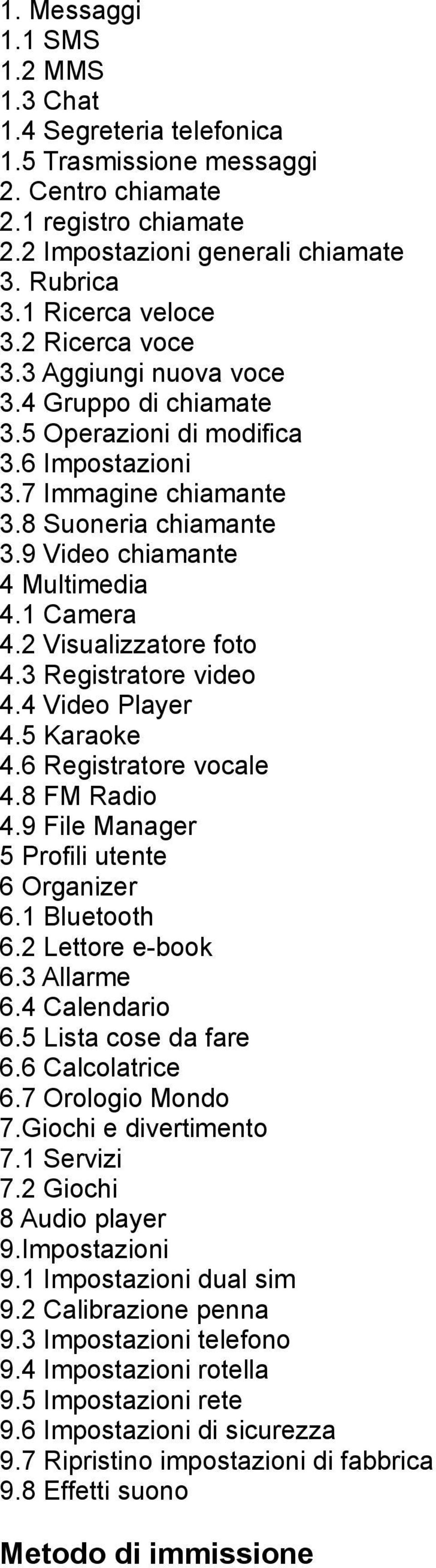 2 Visualizzatore foto 4.3 Registratore video 4.4 Video Player 4.5 Karaoke 4.6 Registratore vocale 4.8 FM Radio 4.9 File Manager 5 Profili utente 6 Organizer 6.1 Bluetooth 6.2 Lettore e-book 6.