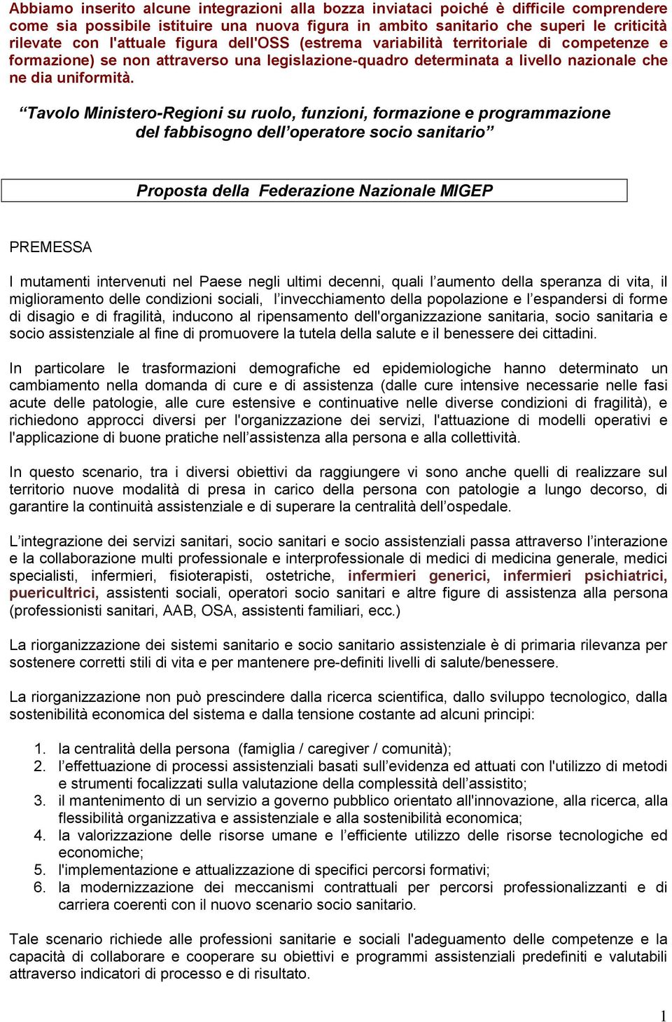 Tavolo Ministero-Regioni su ruolo, funzioni, formazione e programmazione del fabbisogno dell operatore socio sanitario Proposta della Federazione Nazionale MIGEP PREMESSA I mutamenti intervenuti nel