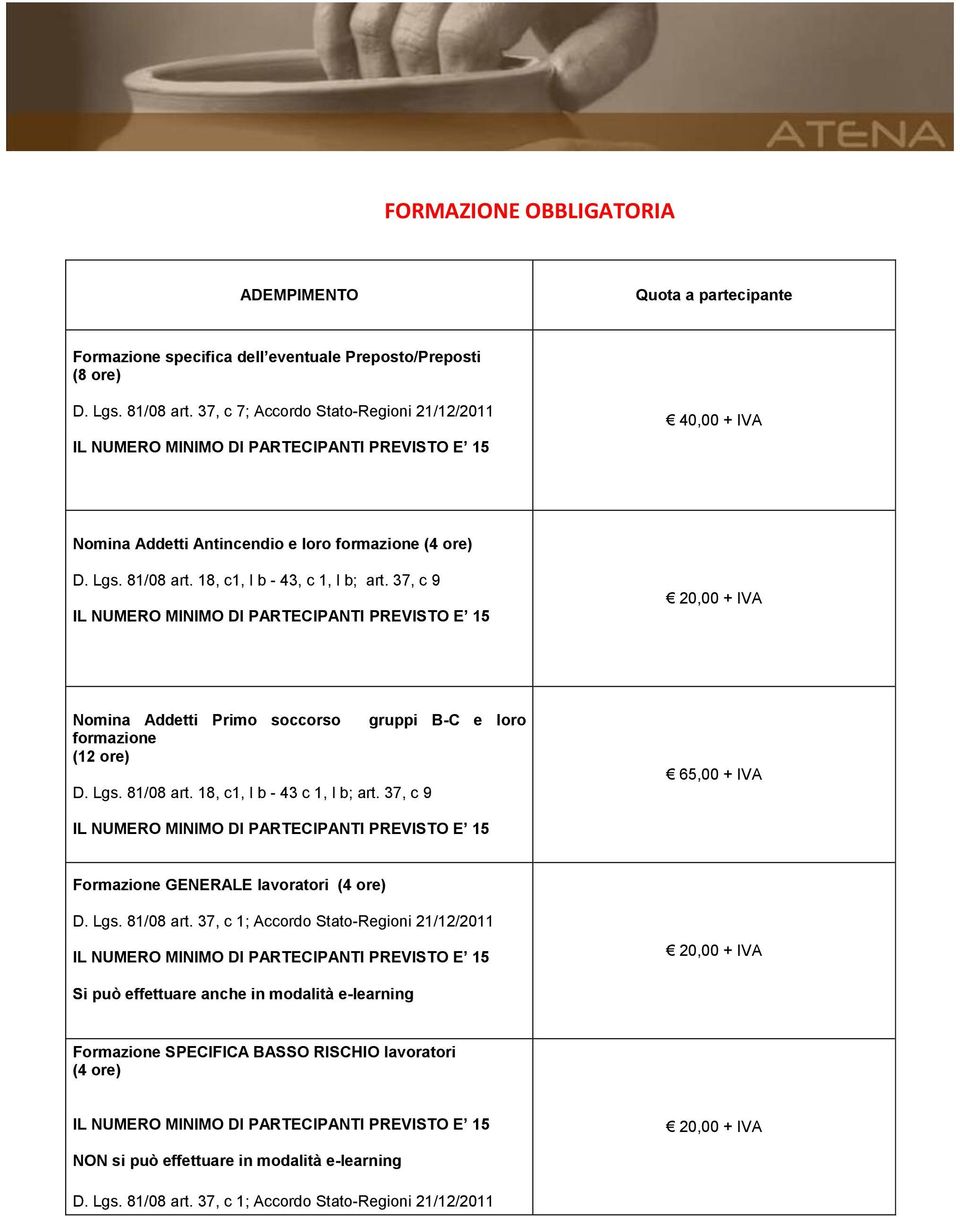 37, c 9 20,00 + IVA Nomina Addetti Primo soccorso formazione (12 ore) D. Lgs. 81/08 art. 18, c1, l b - 43 c 1, l b; art.