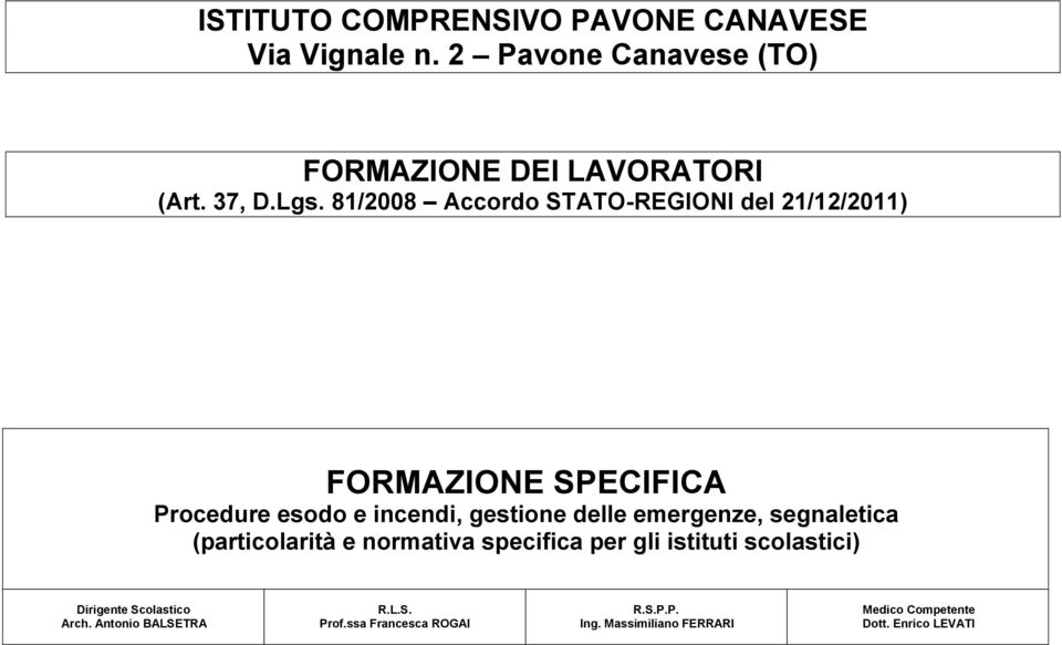 81/2008 Accordo STATO-REGIONI del 21/12/2011) Procedure esodo e incendi, gestione delle emergenze, segnaletica