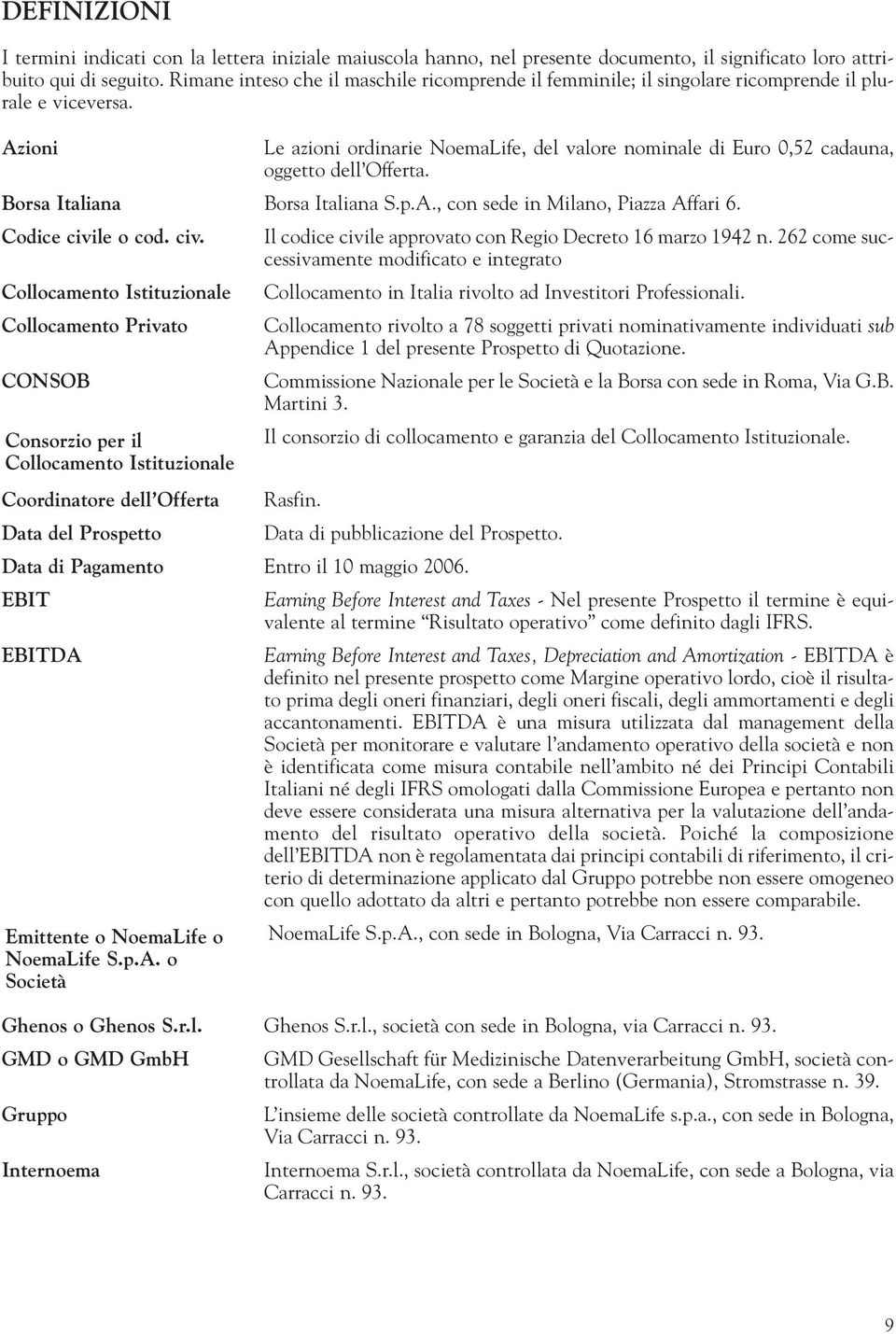 Azioni Le azioni ordinarie NoemaLife, del valore nominale di Euro 0,52 cadauna, oggetto dell Offerta. Borsa Italiana Borsa Italiana S.p.A., con sede in Milano, Piazza Affari 6. Codice civile o cod.