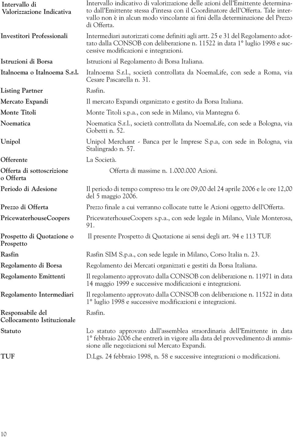 25 e 31 del Regolamento adottato dalla CONSOB con deliberazione n. 11522 in data 1 luglio 1998 e successive modificazioni e integrazioni. Istruzioni al Regolamento di Borsa Italiana. Italnoema S.r.l., società controllata da NoemaLife, con sede a Roma, via Cesare Pascarella n.