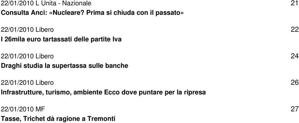 Iva 22/01/2010 Libero Draghi studia la supertassa sulle banche 22/01/2010 Libero